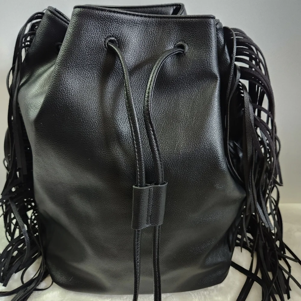Victoria's Secret VS Black Faux Leather Western Boho Fringe Backpack NWT - Picture 10 of 16